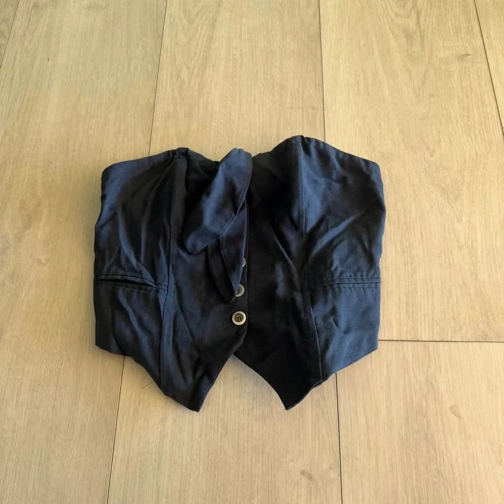 Anthropologie Maeve Navy Blue Strapless Tube Top Nautical Bow button up size XS